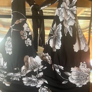 White House Black Market, Elegant Black and White Floral Halter Maxi Dress